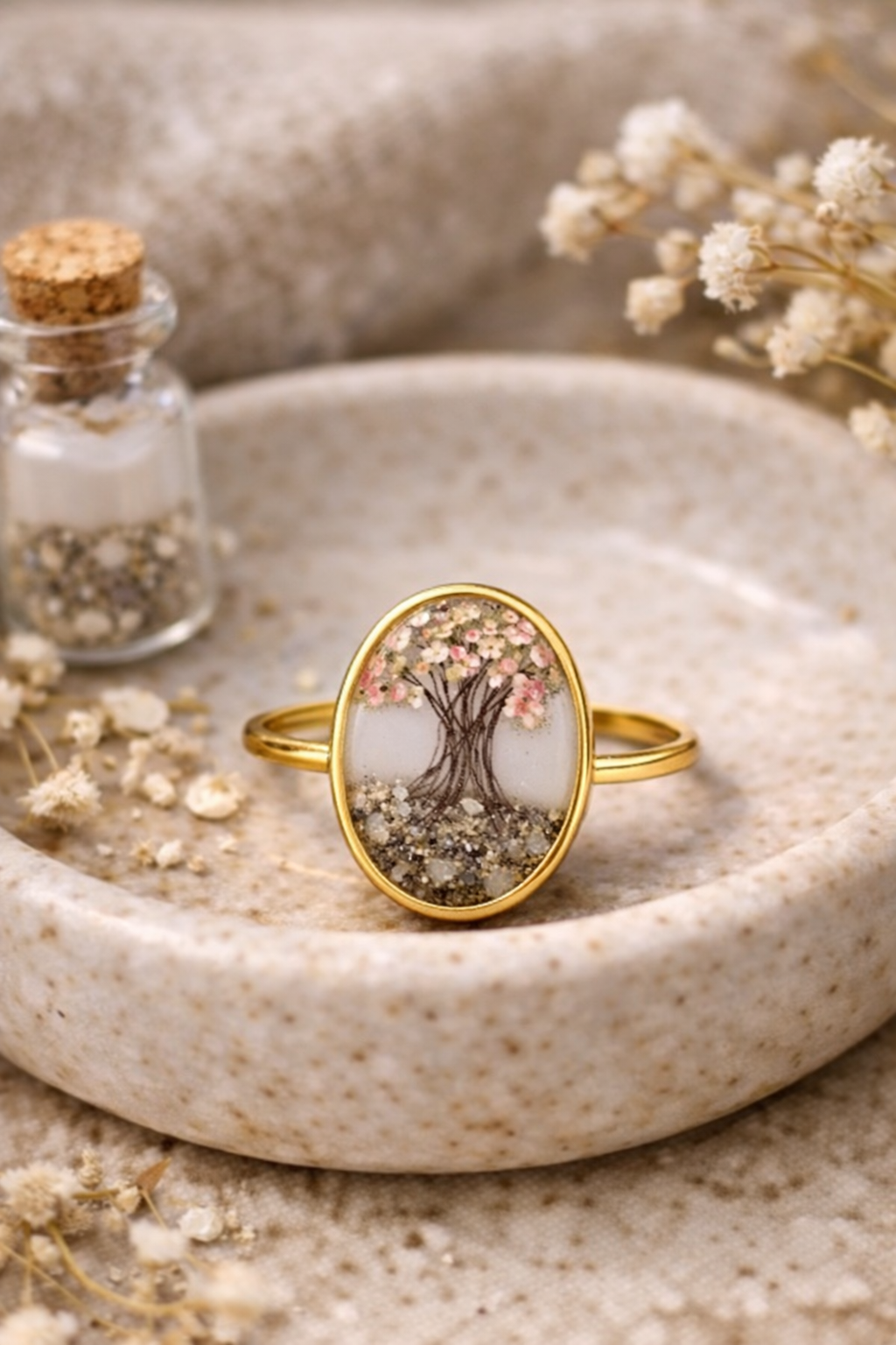 Anillo ajustable árbol de la vida con cenizas, pelito o leche materna