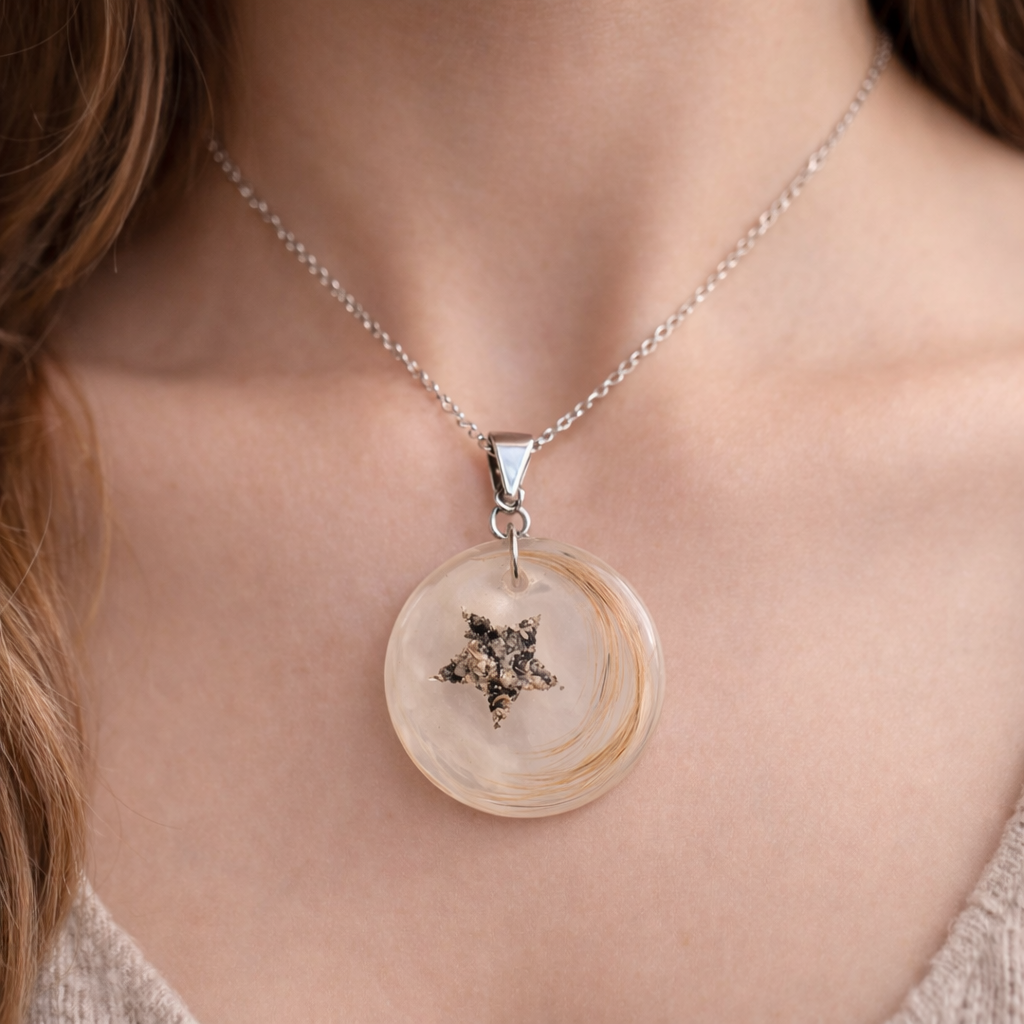 Colgante estrella memorial con cenizas y pelito – Joya emocional personalizada