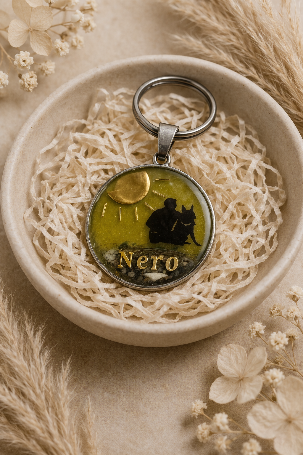 Llavero recuerdo con cenizas y pelito silueta bajo el sol personalizado