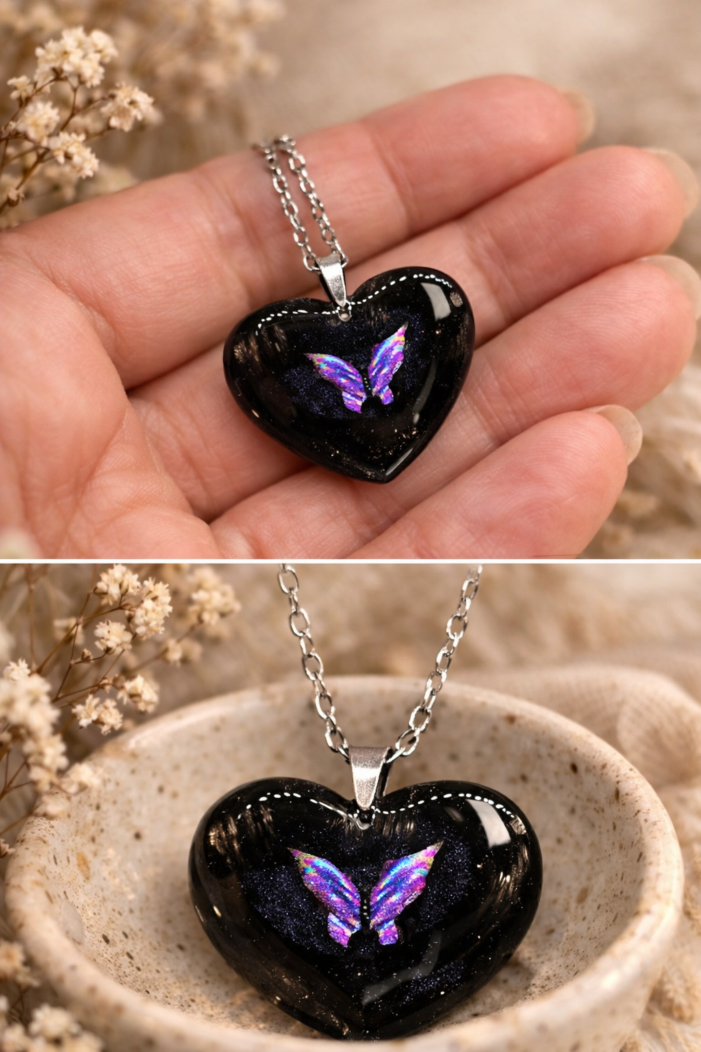 Colgante corazón personalizado con textil y mariposa emocional