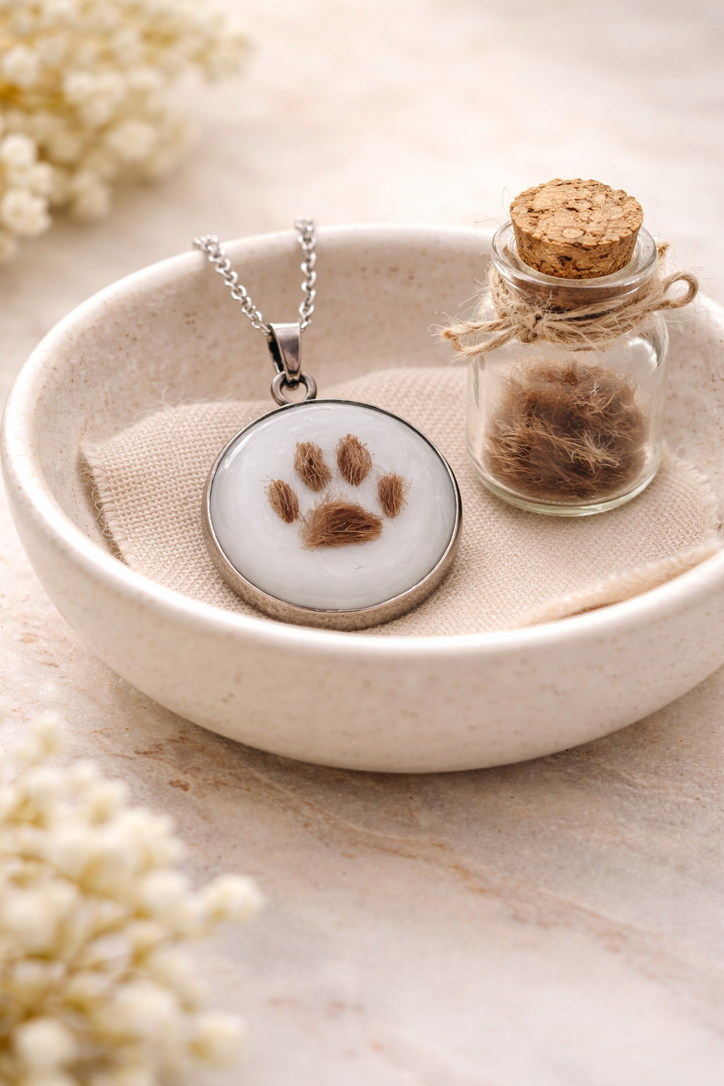 Colgante huella de mascota con cenizas o pelito personalizado